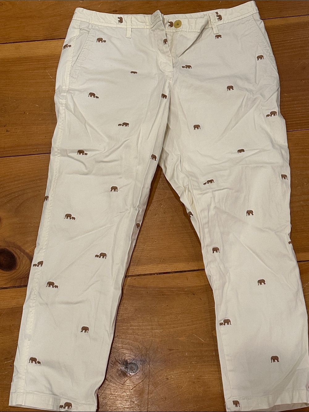 Talbots White Preppy Chino Pants with Brown Elephant Embroidery